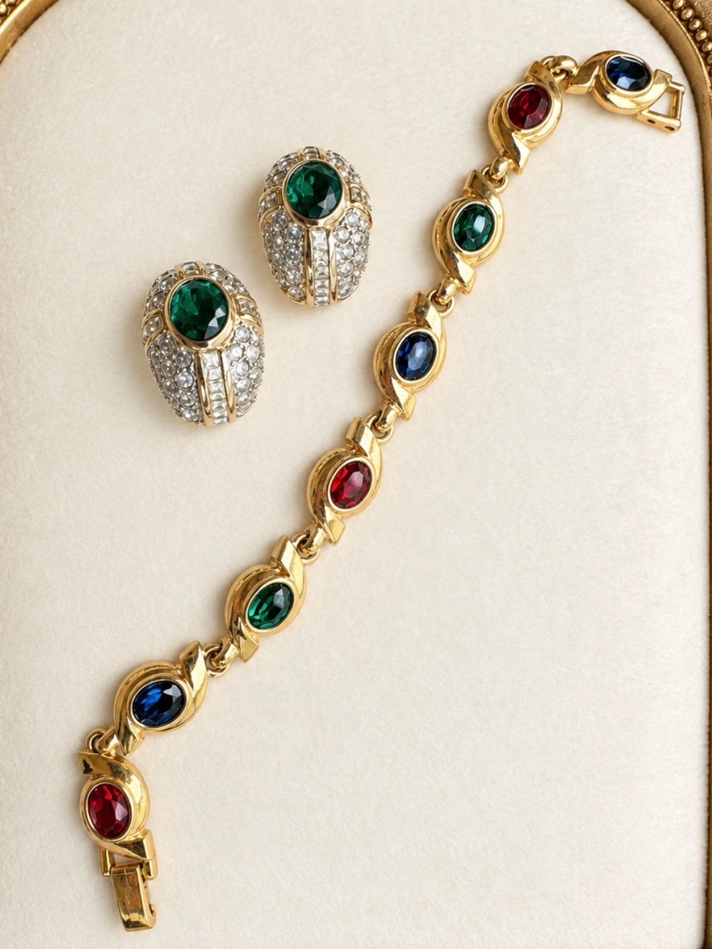 Gold-Tone Multicolor Gemstone Bracelet with Emerald Clip-On Earrings